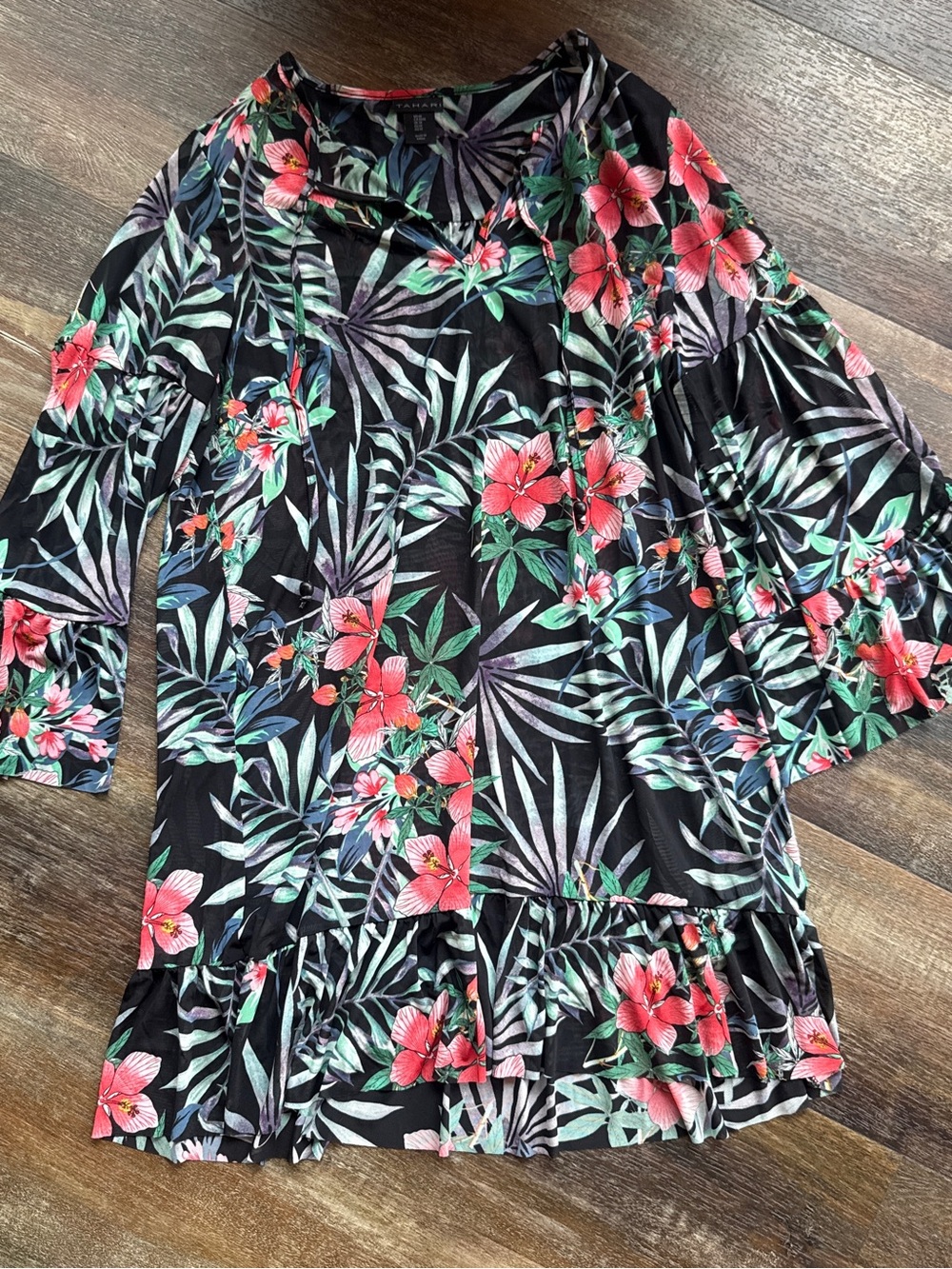 Tahari Mesh Floral Ruffle-Hem Swim Coverup Medium Tropical